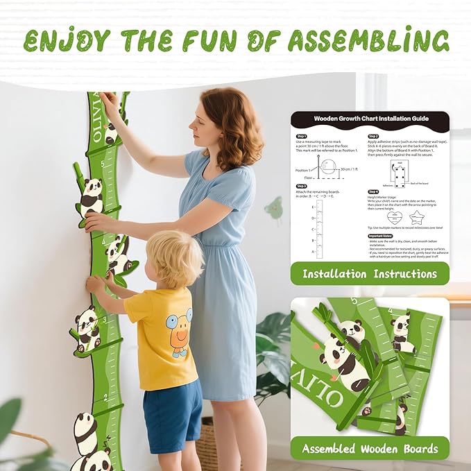 Personalized Name Growth Chart, Bamboo Panda Wooden Height Chart, Thick Height Measuring Board, Kids Height Tracker for Nursery Decor, Baby Boy Girl Measurement Ruler