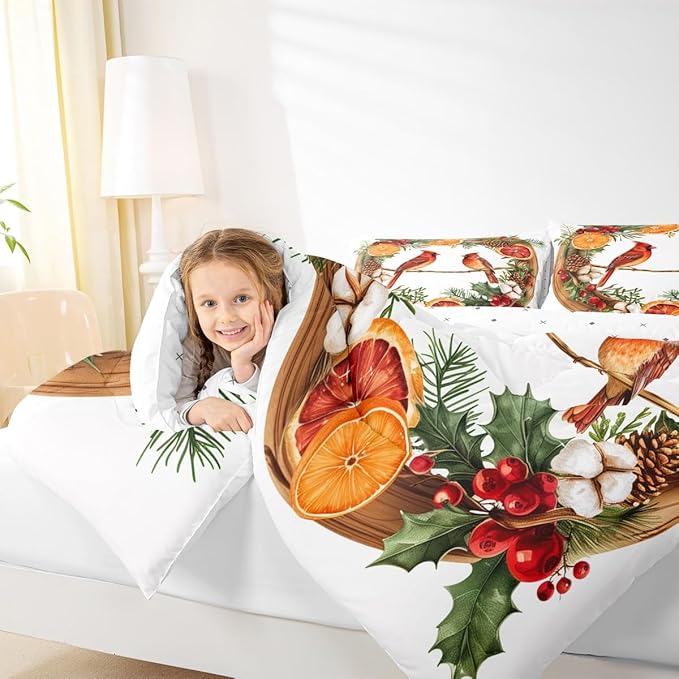 jejeloiu Kids Red Cardinal Comforter Set King Size Christmas Theme Bedding Set for Boys Girls Teens Xmas Birds Animal Lemon Winter Wood Duvet Quilt Room Decor