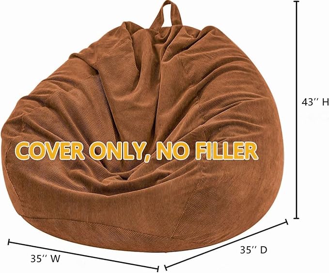 Nobildonna 3 ft Bean Bag Chair Cover (No Filler) 35"×43" Large Stuffed Animal Storage Bean Bag Washable Big Beanbag Chair Cover Premium Corduroy Bean Bag Cover for Adults,Kids,Orange Brown 300L