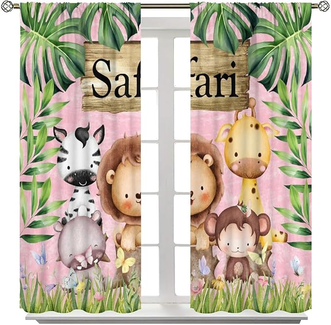 Kids Safari Animals Curtains, Cartoon Wildlife Tropical Leaf Pink Blackout Window Treatments, Rod Pocket Thermal Insulated Drapes 2 Panel Sets for Bedroom Nursery Classroom, 55" W X 63" L