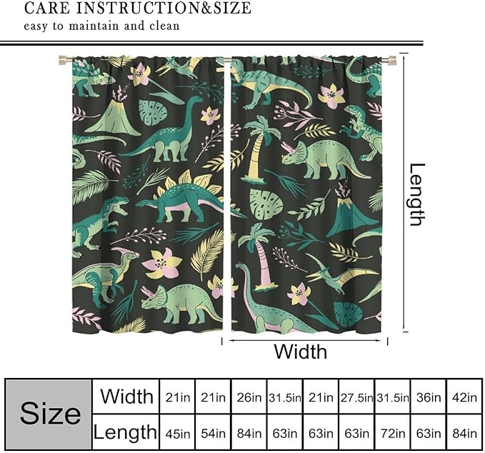 Dinosaurs Blackout Curtains Cartoon Cute Funny Dino Tropical Jungle Green Art Print for Kids Boys Bedroom Living Room Rod Pocket Decoration Window Drapes 2 Panels W21xL63in