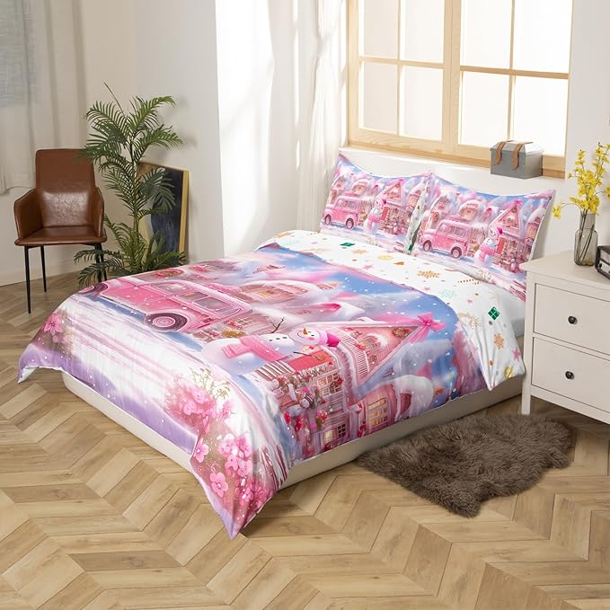 Manfei Christmas Duvet Cover Set Queen Size, Pink Truck Flower Snowman Bedding Set for Kids Girls Room Decor, New Year Theme Comforter Cover, Lightweight Bedspread Cover, 2 Pillowcases, No Comforter