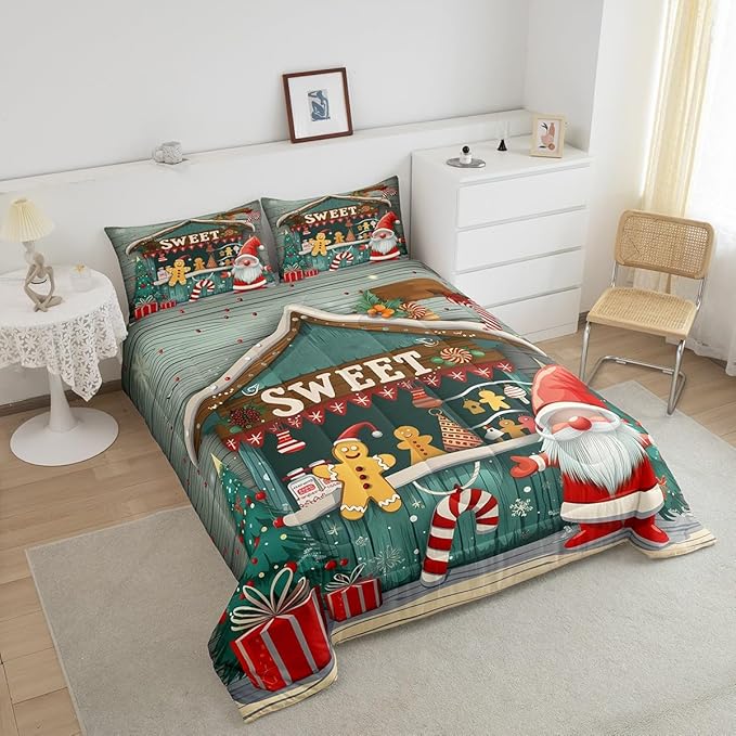 Merry Christmas Kids Comforter Set King Size,Gnome Sweet Candy Xmas Tree Snowflake Winter Bedding Set,Boys Girls Room Decor,Wooden Cabin Rustic Down Comforter,Red Green Duvet Insert,2 Pillowcases