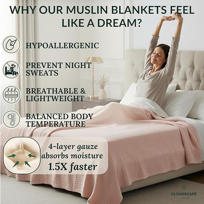 Cloud Scape Linen Oversized 4 Layer Muslin Blanket Twin Size - 100% Cotton, Lightweight & Breathable All Season Gauze, Pre-Washed, for Bed, Couch, fits Twin XL Bed,68x92, Seashell Pink