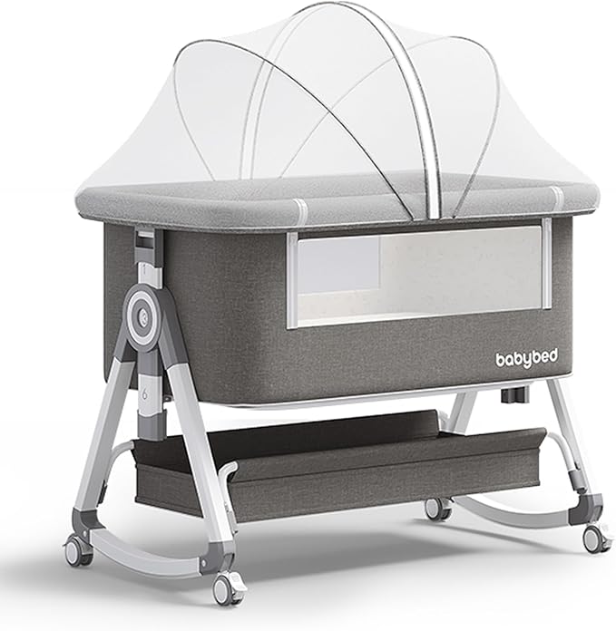 Baby Bassinet Bedside Bassinet for Baby 4 in 1 Portable Bassinet Bedside Sleeper with Wheels Mosquito Net & Storage Basket, 6 Height Adjustable Rocking Bassinet for Newborn Baby Crib