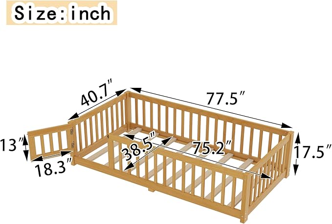 Harper & Bright Designs Twin Floor Bed Frame with Safety High Fence, Wood Montessori Bed with Door, Twin Size Floor Beds with Solid Wood Support Slats for Boys, Girls, Kids, Natural