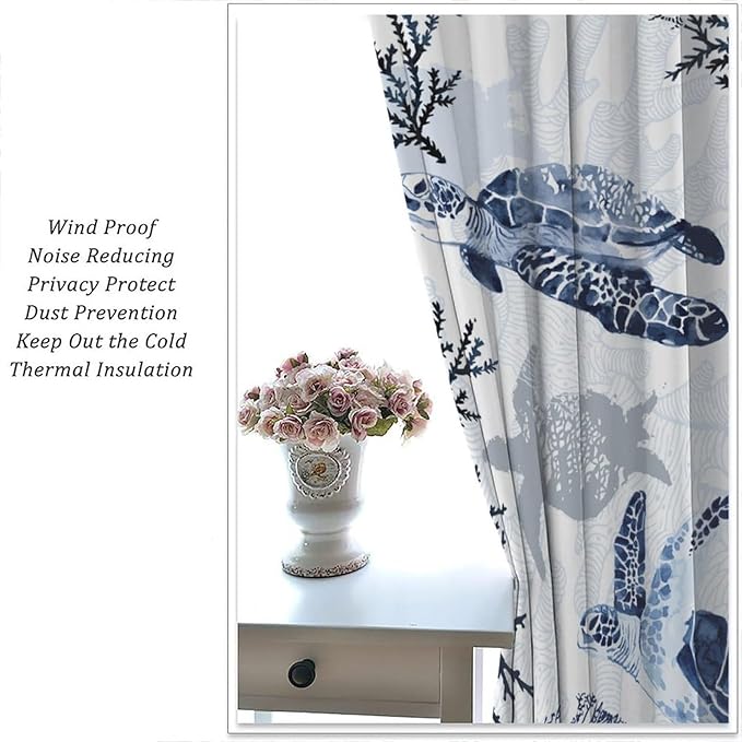 Coastal Nautical Curtains, Turtle Beach Sea Seashell Theme Pattern Blackout Print Home Bedroom Living Room Window Treatmen 2 Panel Set 63x72 Inch