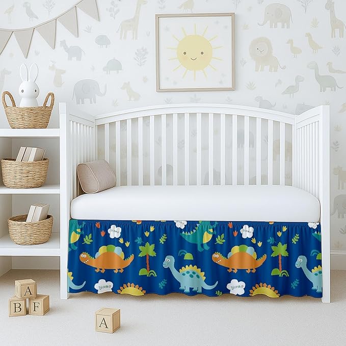 Cottington Lane Crib Skirt Dust Ruffle, 100% Natural Cotton, Soft, Durable Nursery Crib Toddler Bedding Skirt for Baby Girls or Boys, Fits Standard Cribs 28" x 52" with 14" Drop, Blue Dinosaur