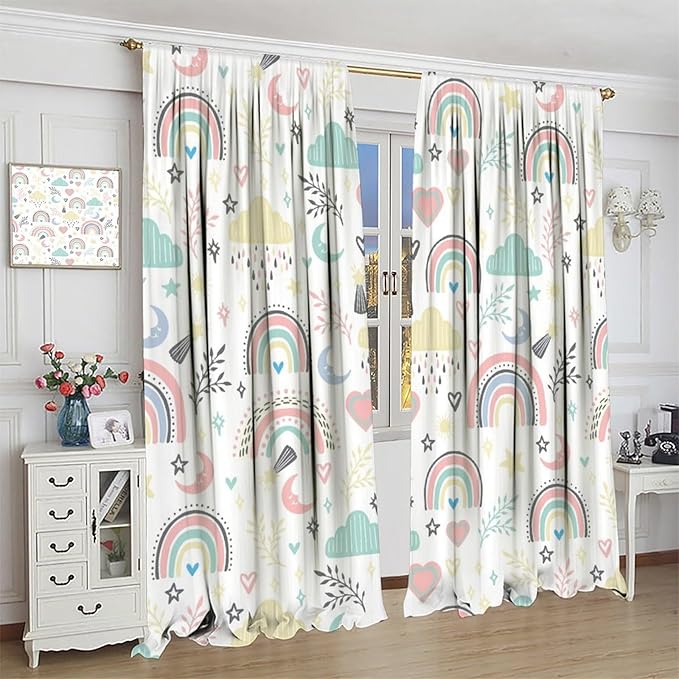 Boho Rainbow Curtains for Kids Nursery Colorful Floral Sun Star Clouds Pastel Bohemian Pattern Print Window Drapes for Girl Bedroom Living Room Kitchen Decor,2 Panel Set,42Wx54H Inch Blackout