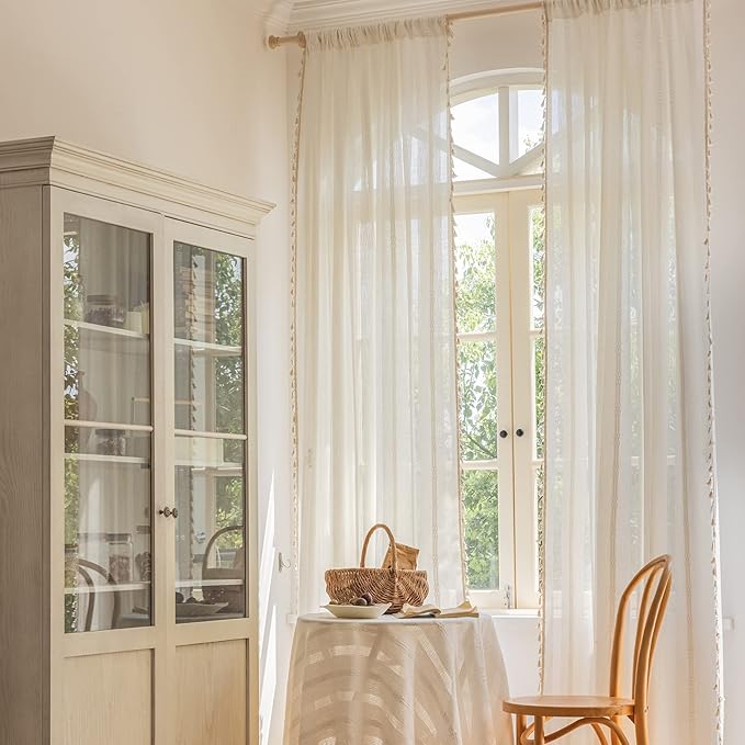 ENJOYBRIDAL Off White Curtains 84 Inch Length 2 Panels Boho Semi Sheer Drapes Cream Embroidered Tassel Rod Pocket Hollow Window Curtain Panels Farmhouse Window Treatment for Bedroom Living Room