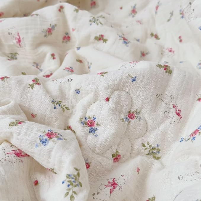 BuLuTu 100% Cotton Muslin Toddler Quilted Blanket for Girls Boys, Crib Toddler Bed Blankets with Cute Sheep Pink Flowers Print, Soft Lightweight Comforter for Young Children, 47x59 Inches