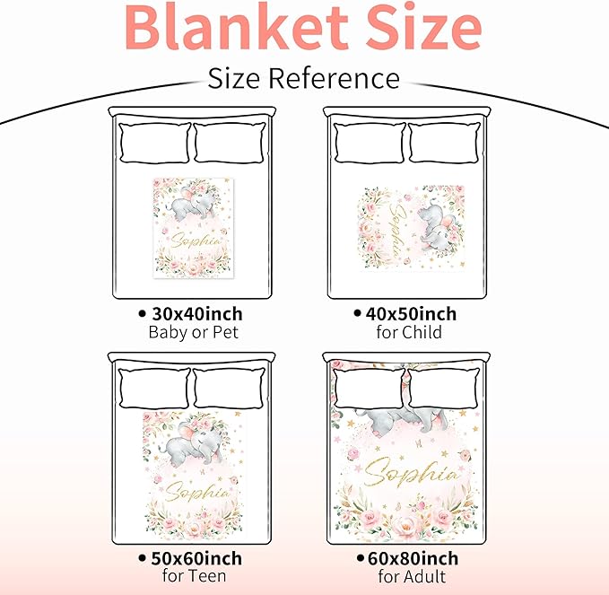 Elephant Blanket Personalized Baby Blanket with Name for Girl, Custom Name Blanket for Newborn Girl, Soft Flannel Toddler Blanket Customized Gift for Birthday Christmas Baby Shower 60" X 80"