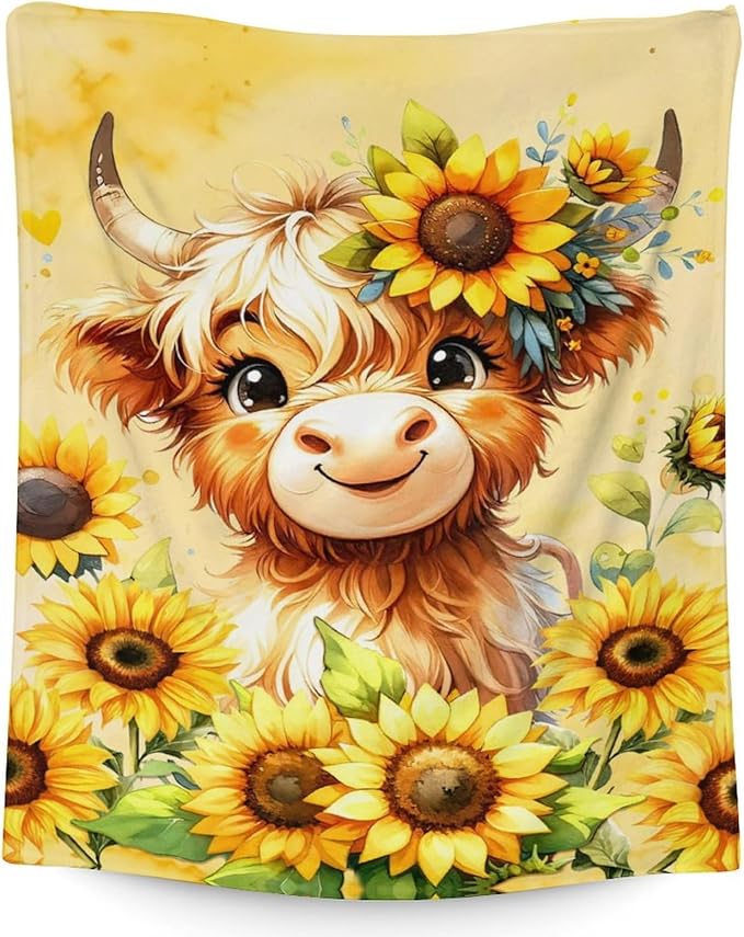 Highland Cow Blanket for Kids - 30" x 40" Inches Cute Farm Animal Throw Blanket Gifts - Yellow Lightweight Cozy Blankets for Sofa, Lap & Office