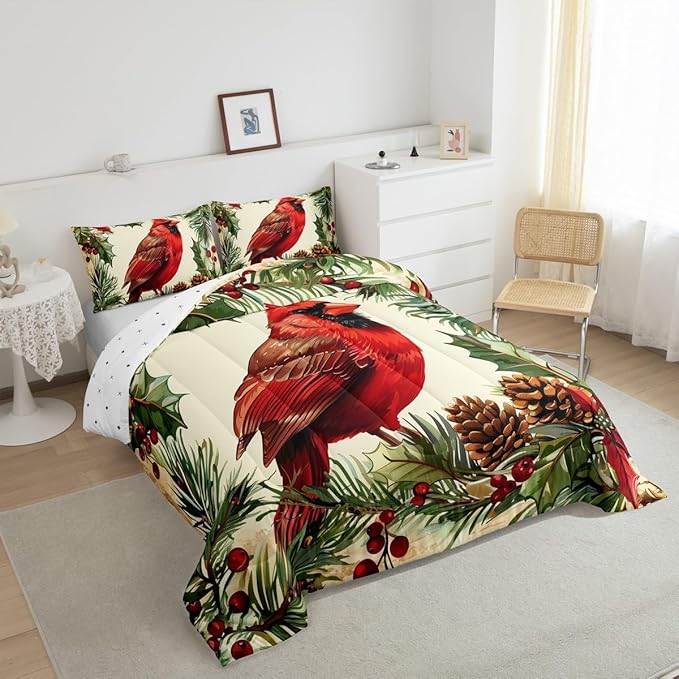 jejeloiu Kids Red Cardinal Comforter Set Queen Size Christmas Tree Green Plants Bedding Set for Boys Girls Teens Xmas Birds Animal Winter Happy New Year Duvet Quilt Room Decor
