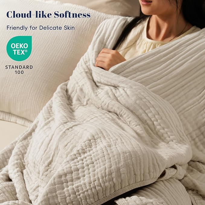 PHF Cooling Muslin Blanket Queen Size 90"x80", 6-Layer Lightweight Gauze Blanket Made from 35% Rayon Derived from Bamboo & 65% Cotton, Breathable & Ultra Soft Cozy, Aesthetic Home Decor, French Oak