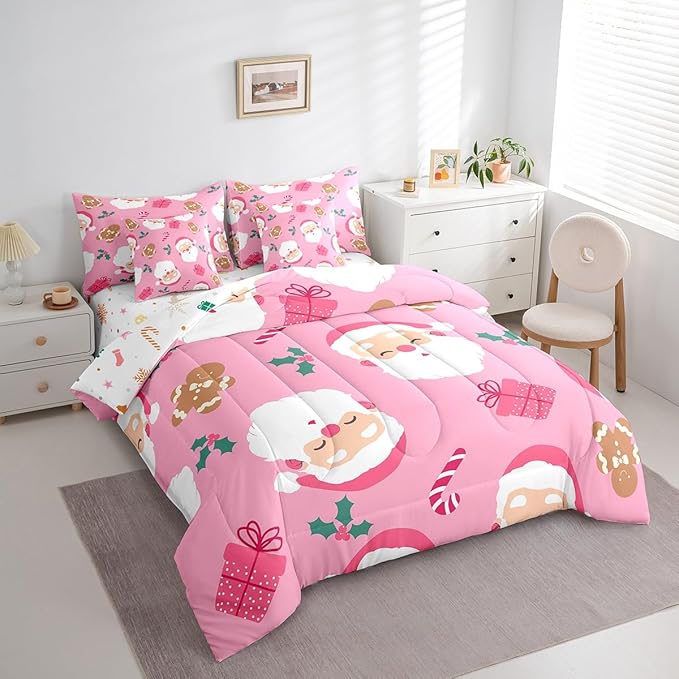 Christmas Gingerbread Man Kids Bedding Set Cartoon Christmas Santa Claus Comforter Set with Sheets for Boys Children Decor Pink Bed in a Bag New Year Bed Set 7Pcs King Size