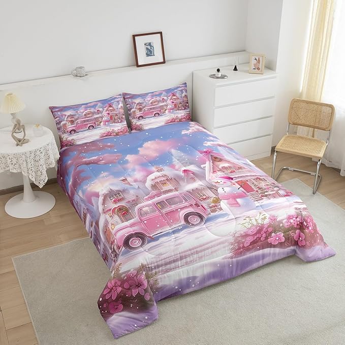 Manfei Christmas Comforter Set King Size, Pink Truck Flower Snowman Bedding Set for Kids Girls Room Decor, New Year Theme Down Comforter, Lightweight Duvet Insert, 2 Pillowcases