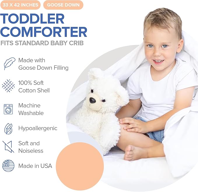 Continental Bedding Toddler Comforter, 100% White Down Duvet Insert, Sleep Blanket with Cotton Shell, Fits Standard Crib, Toddler Bed, 33x42 Inches, White