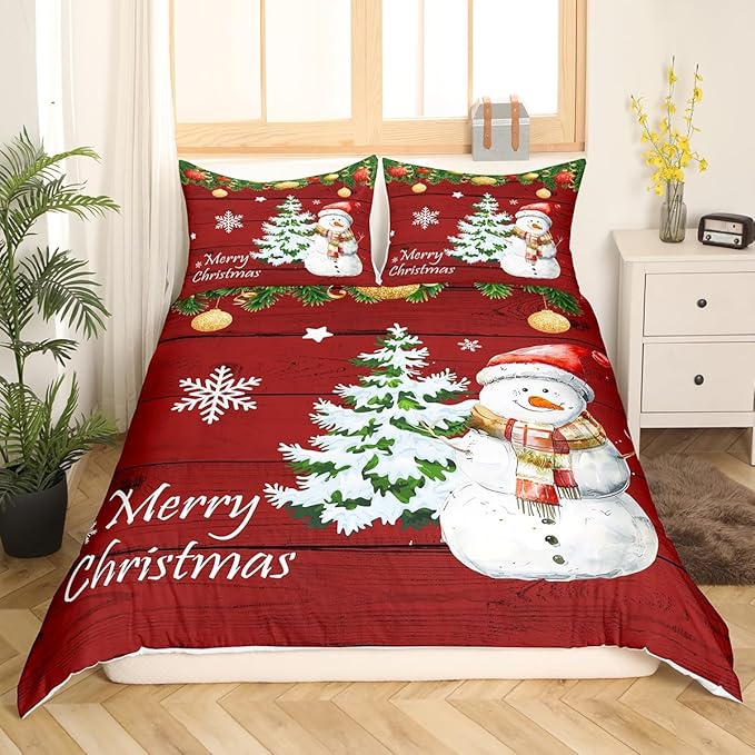 Manfei Christmas Duvet Cover Set Twin Size, Cute Snowman Tree Print Comforter Cover with 1 Pillowcase, New Year Theme Rustic Style Xmas Bedding Set 2pcs for Kids Boys Girls Bedroom Decor,No Comforter