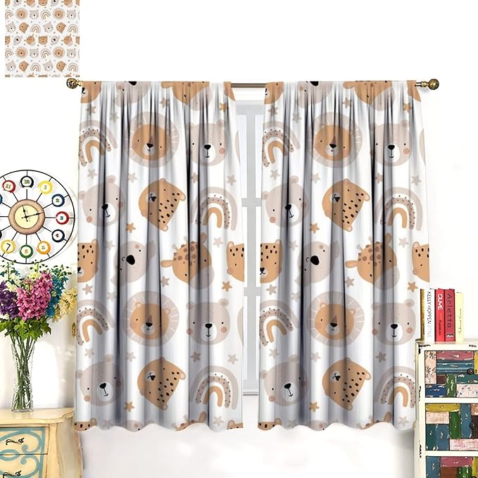 Cartoon Boho Animal Curtains,Funny Forest Safari Print,Cute African Wildlife Koala Giraffe Lion Leopard Bear Rainbow Blackout Window Drapes for Boys Girls Kids Baby Child Bedroom 63x72in