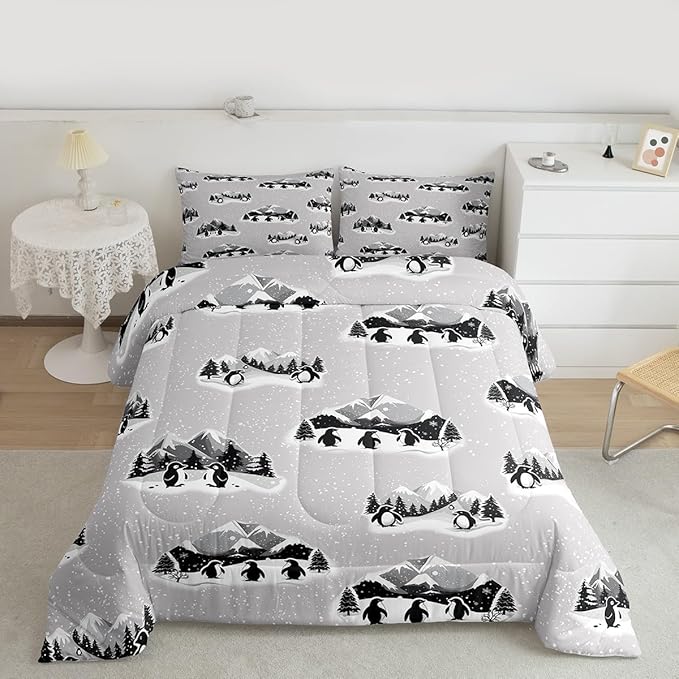 Feelyou Christmas Kids Comforter Set Twin Size Polar Penguin Bedding Set Snowflake Duvet Quilt for Kids Boys Girls Bedroom Winter Decor Microfiber Ultra Soft Breathable