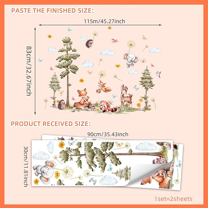 Woodland Animals Wall Decals-Pine Tree Forest Wall Stickers with Deer, Fox, Elephant, Removable Nursery Wall Art for Kids Bedroom, Playroom，Living Room