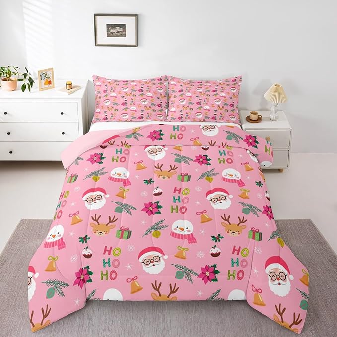 Feelyou Santa Claus Comforter Set Toddler Size Xmas Bedding Set for Kids Boys Girls Christmas Decor Duvet Quilt Happy New Year Bedroom Decor Microfiber 2 Pcs with 1 Pillow Cases