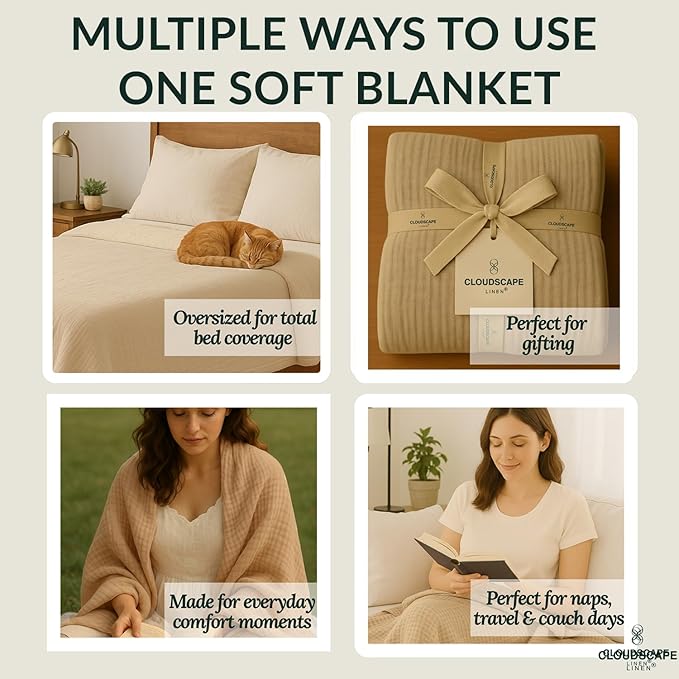 Cloud Scape Linen 4 Layer Oversized Muslin Blanket King Size - 100% Cotton, Lightweight & Breathable All Season Blanket for Bed, fits California King, 92x108, Beige Fog