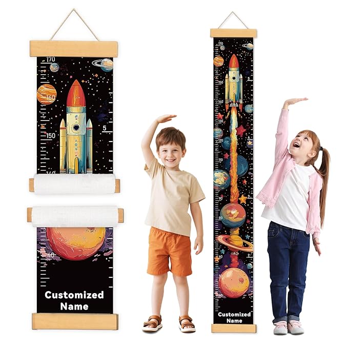 Personalized Name Kids Growth Chart, Watercolor Animal Canvas Baby Height Growth Chart Wall Decor for Baby Kids Toddlers (Rocket)