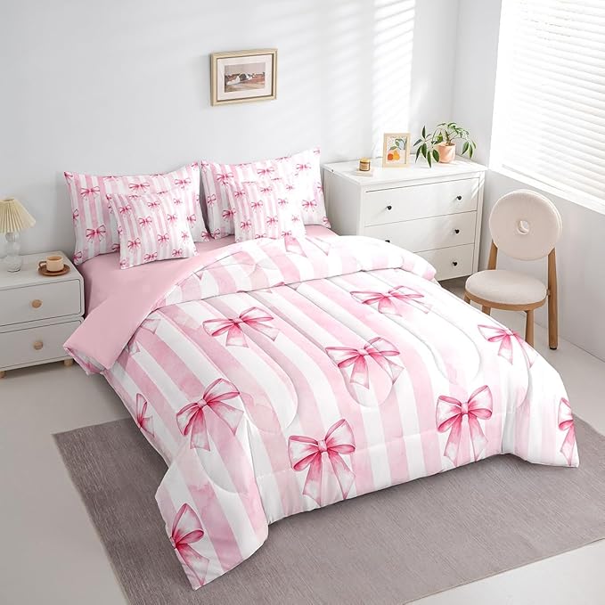 7 Pieces Pink Bowknot Kids Comforter King,Bow Tie Geometric Stripe Bedding Set,Butterfly Knot Princess Style Fashion Pink Romantic（Comforter+Fitted+Flat Sheet+2 Pillowcases+2 Throw Pillow Covers）