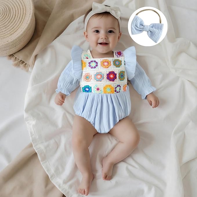 Gaono Newborn Baby Girl Smocked Bubble Romper Cute Boho Summer Clothes Ruffle Sleeveless Crochet Flower Vintage Bodysuit