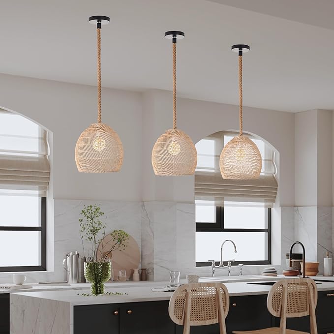 Arturesthome Mini Natural Rattan Pendant Light for Kitchen Island, Woven Lamp Shade Chandelier, Handmade Hanging Ceiling Light Lampshade, Rope Lamp D 9.8inx10.6in