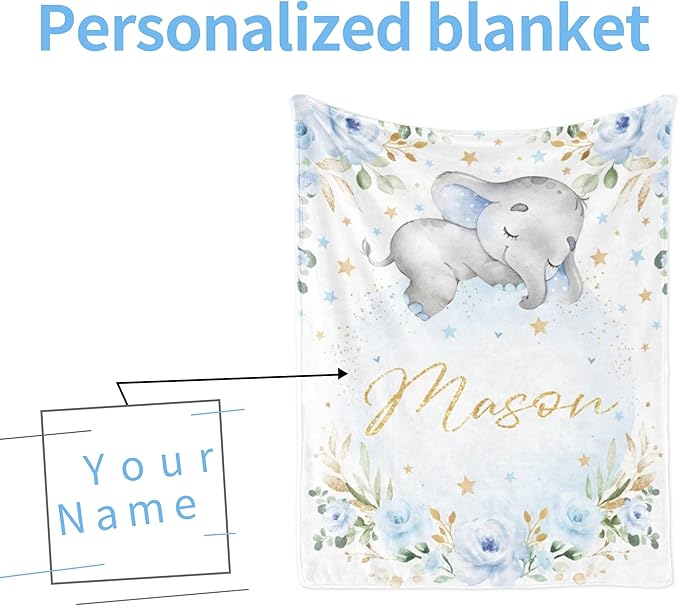 Custom Elephant Blanket with Name for Boys, Personalized Name Blanket for Teen, Soft Flannel Elephant Blankets Customized Gift for Birthday 50"x60"