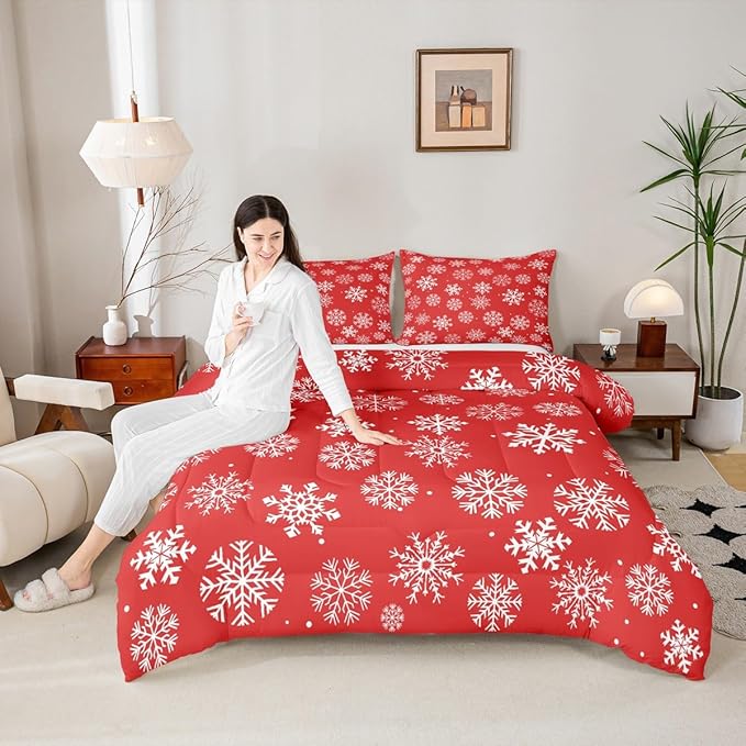 Feelyou Christmas Comforter Set All Season Winter Snowflake Bedding Set with 1 Pillow Cases Xmas Festival Microfiber Kids Toddler Bedclothes Snowflake Red Bedroom Decor Duvet Quilt Breathable Soft