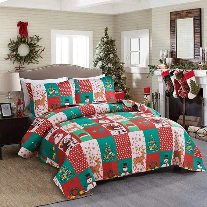 Christmas Bedding Set Queen Size Christmas Quilt Bedspread Holiday Xmas Bedding Plaid Patchwork Rustic Lodge Cabin Snowman Santa Claus Festival Decor Lightweight Reversible Bedspread Coverlet Red