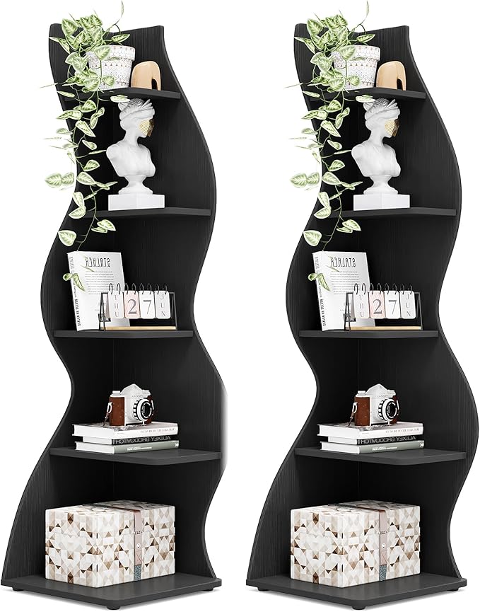Tribesigns Corner Shelf, Modern 5-Tier Wall Corner Bookshelf, Stylish Corner Small Bookcase Storage Rack Plant Stand with Unique Shape for Living Room, Home Office, (2PCS, Black)