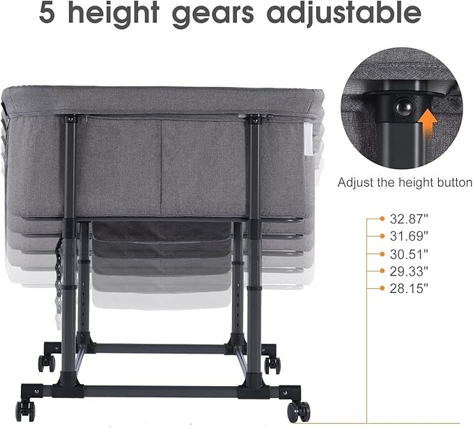MTWML Twin Bassinet for 2 Babies,Portable Twins Crib with Storage Bag and Replaceable Mattress Cover,Adjustable Height Double Bedside Crib Attaches to Bed with Strap for 0-6 Months (Deep Grey)