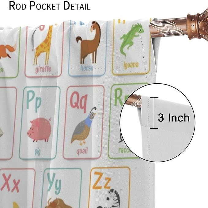 Alphabet Learning Curtain for Kids, Colorful Cartoon Animal Multiplication Table Educational, Classroom Child Printed Rod Pocket Blackout Window Drapes for Bedroom Living Room 72" W X 63" L