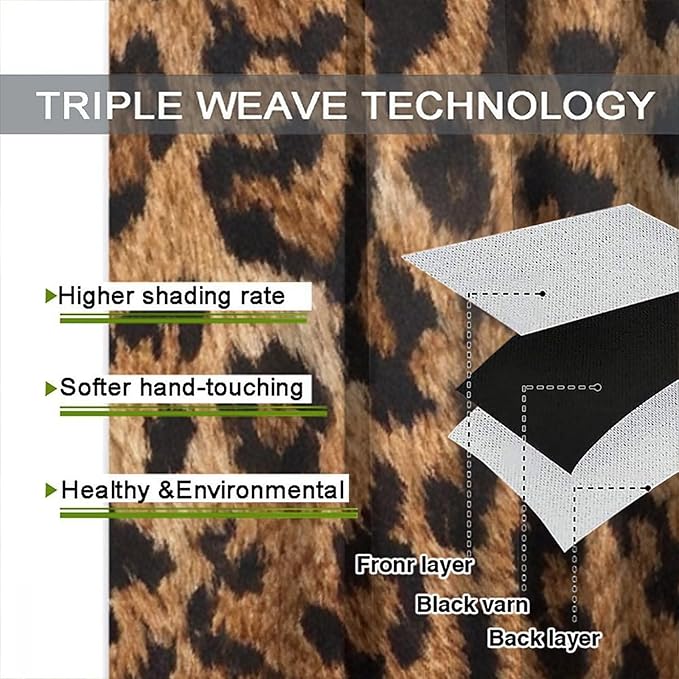 Leopard Print Window Curtains, Animal Fur Skin Brown Farmhouse Wild 3D Rustic Safari Theme Window Treatments for Kids Bedroom Living Room 42" W X 63" L