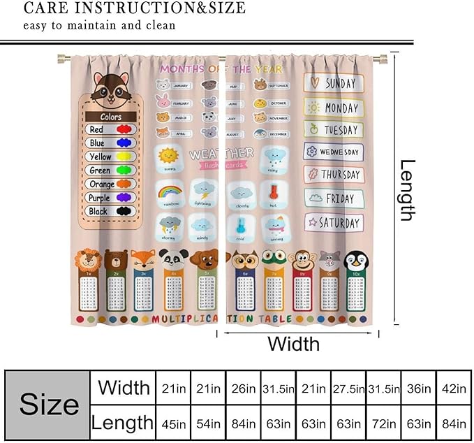 Funny Kids Educational Alphabet Curtain Cartoon Colorful Weather Multiplication Table Printed Rod Pocket Window Treatments for Bedroom Living Room Decor 42" W X 45" L