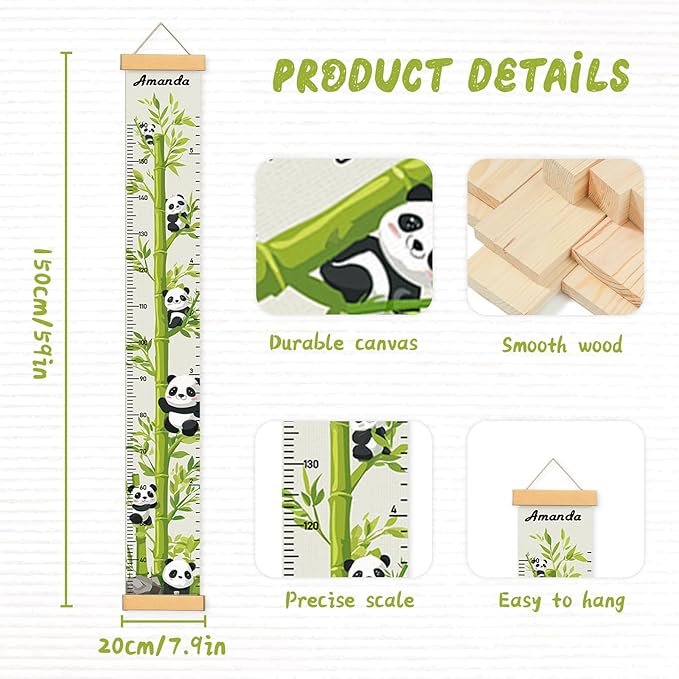 Personalized Name Height Chart for Kids, Kids Growth Chart for Wall, 59" X 7.9" Canvas Removable Height Chart Measuring Ruler for Kids & Baby(Painted Bamboo and Panda）