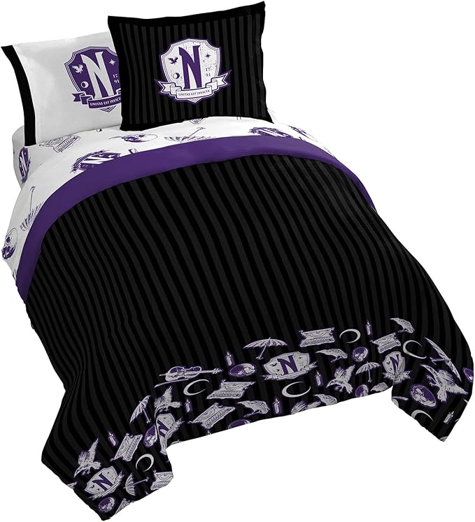 Jay Franco Wednesday Addams Queen Comforter Set - 7 Piece Bedding Includes Sheet Set & Pillow Covers - Black and Grey Stripes Super Soft Kids Bedding