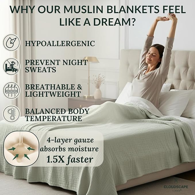Cloud Scape Linen Oversized 4 Layer Muslin Blanket Twin Size - 100% Cotton, Lightweight & Breathable All Season Gauze, Pre-Washed, for Bed, Couch, fits Twin XL Bed,68x92, Seafoam Green