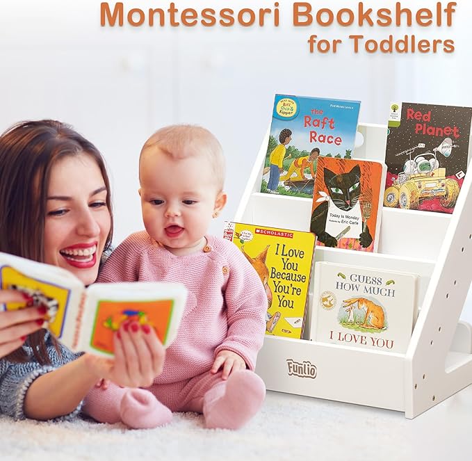 FUNLIO Montessori Bookshelf for Toddlers 1-5 Years, Front-Facing Kids Bookcase with Handle & Anti-Tilting Device, Premium Pine Baby Bookshelf, Children's Bookcase for Nursery/Classroom - White