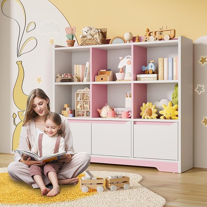 Kids Bookshelf and Toy Organizer, 2 Tier Kids Book Shelf for Kid Rooms with 2 Doors, 6 Cubes Storage Organizer,Wood Children Bookcase,Freestanding Toddler Book Display Shelf for Playroom WhitePink