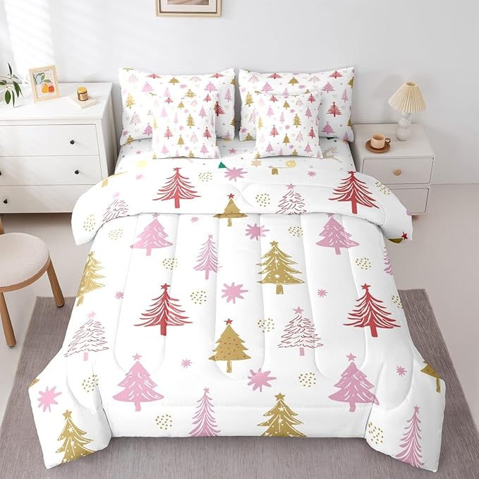 Erosebridal Merry Christmas Bedding Set King Cartoon Pink Christmas Comforter Set 7 Piece Kids Cute Xmas Tree Bed in A Bag for Adults Winter New Year Gift Quilt with Flat Fitted Sheet