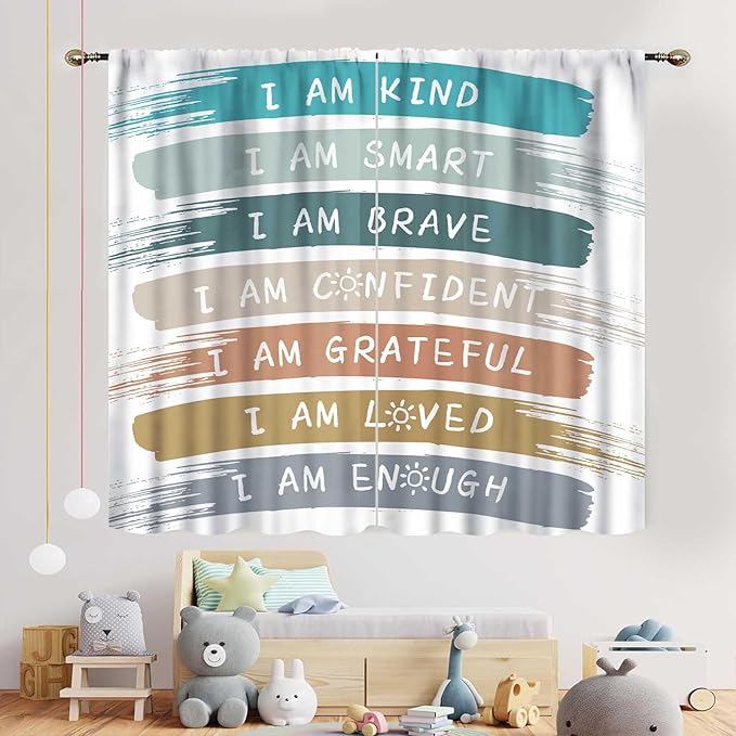 Rainbow Curtains for Classroom, Kids Girls Baby Boho Cute Inspirational Motivational Quotes Cartoon Colorful Pastel Nursery Classroom Bedroom Living Room Bathroom Window Drapes 2 Panels, 52"x84" Inch