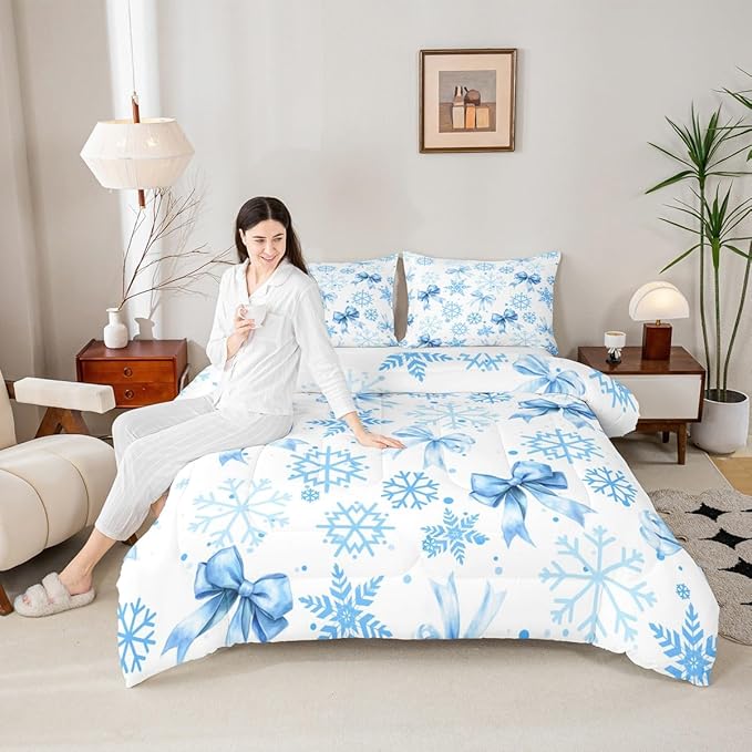 Manfei Lovely Bowknot Girls Bedding Set Twin Size,Dreamy Bowknot Dots Snowflake Comforter Set,Winter Merry Christmas Girly Quilt Comforter Teens,Blue White Room Decor All Season,1 Pillowcase