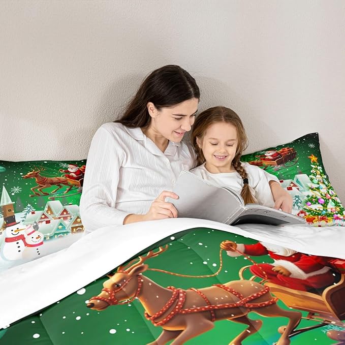 Manfei Christmas Comforter Set Full Size, Snowman Xmas Tree Quilt Set with 2 Pillowcases, Santa Claus with Deer Bedding Set 3pcs for Kids Boys Girls Room Decor New Year Theme Duvet Insert