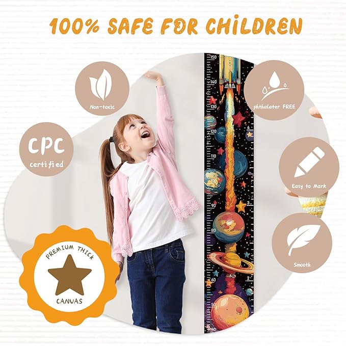 Personalized Name Kids Growth Chart, Watercolor Animal Canvas Baby Height Growth Chart Wall Decor for Baby Kids Toddlers (Rocket)